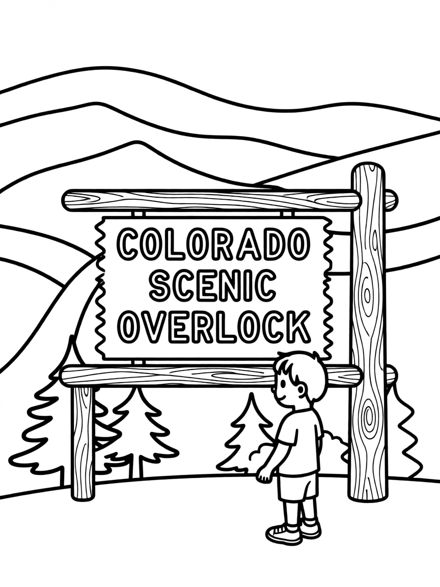 (Colorado) A scenic overlook sign with mountains behind