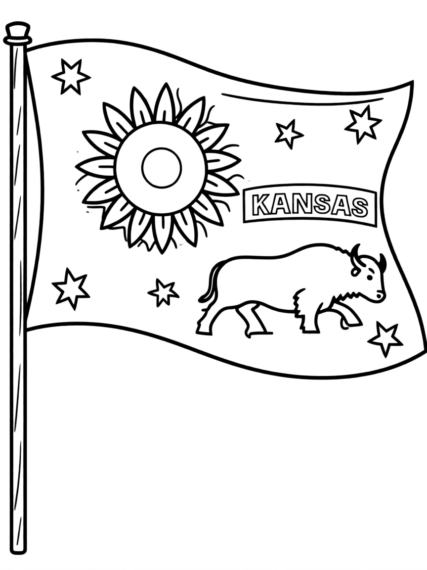 (Kansas) Kansas state flag with sunflower and buffalo
