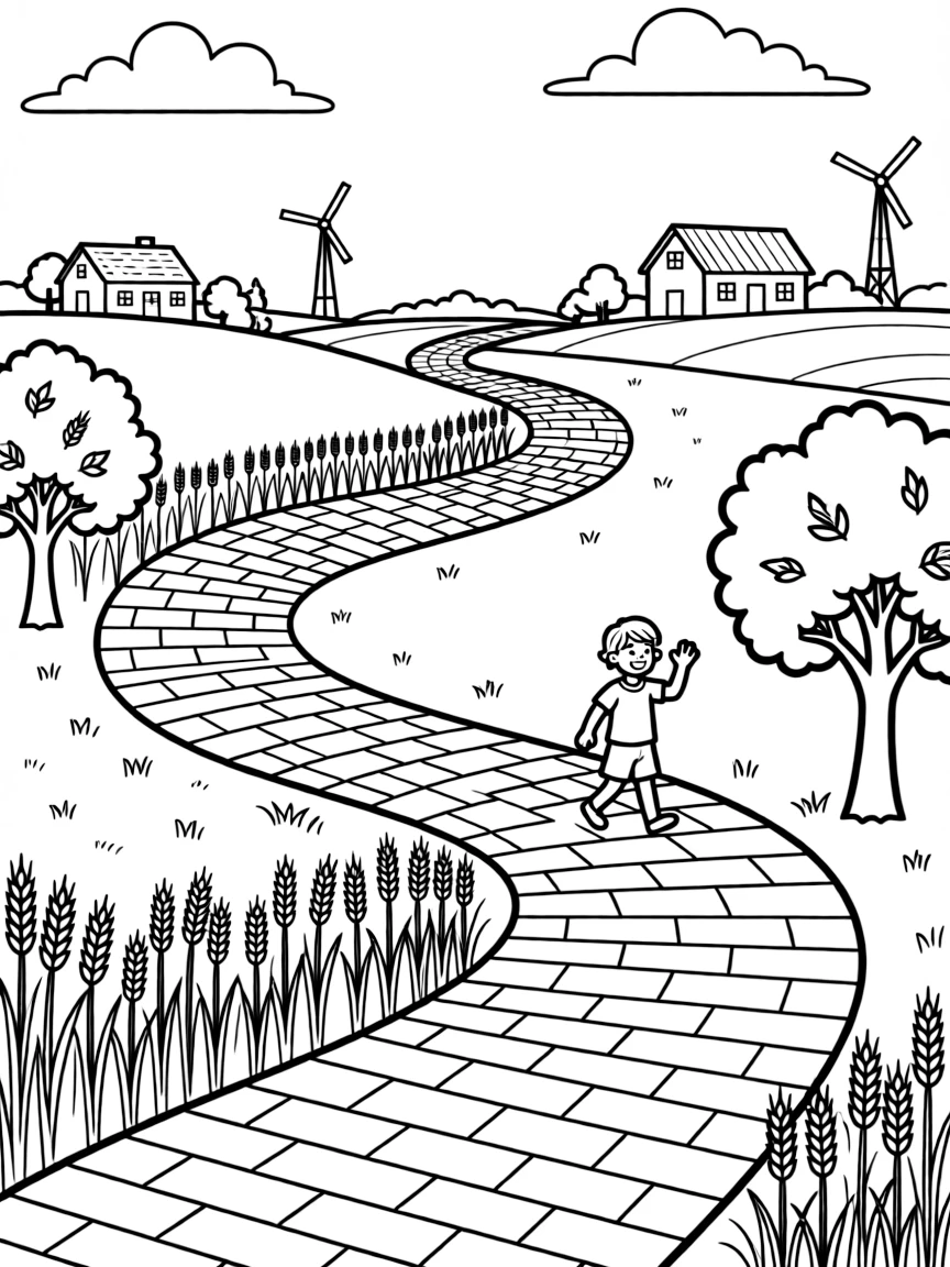 (Kansas) Yellow brick road winding through Kansas landscape