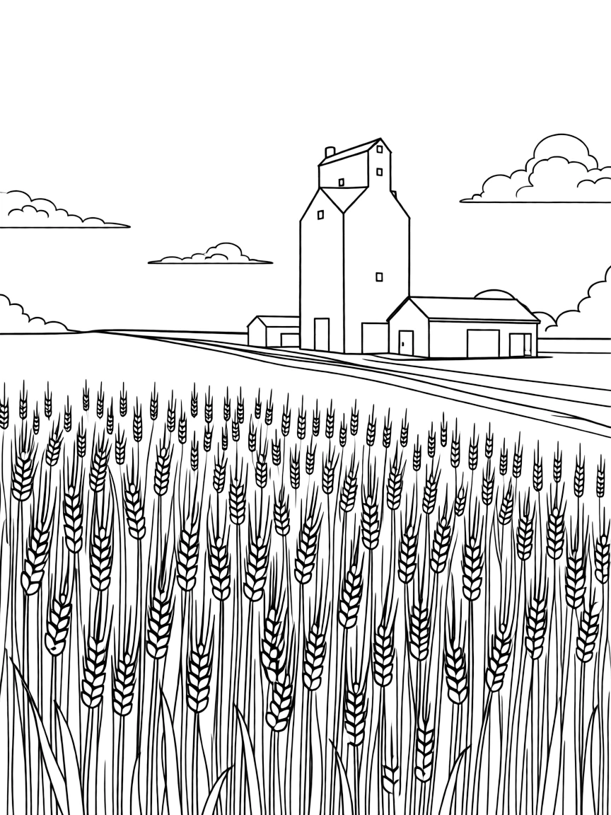 (Kansas) Wheat field with grain elevator in background