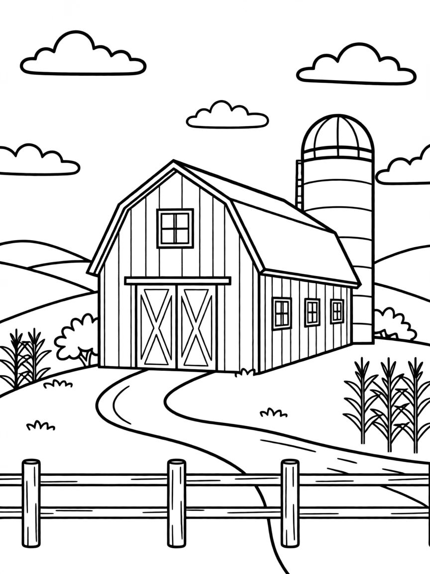 (Kansas) Red barn with silo on Kansas farm