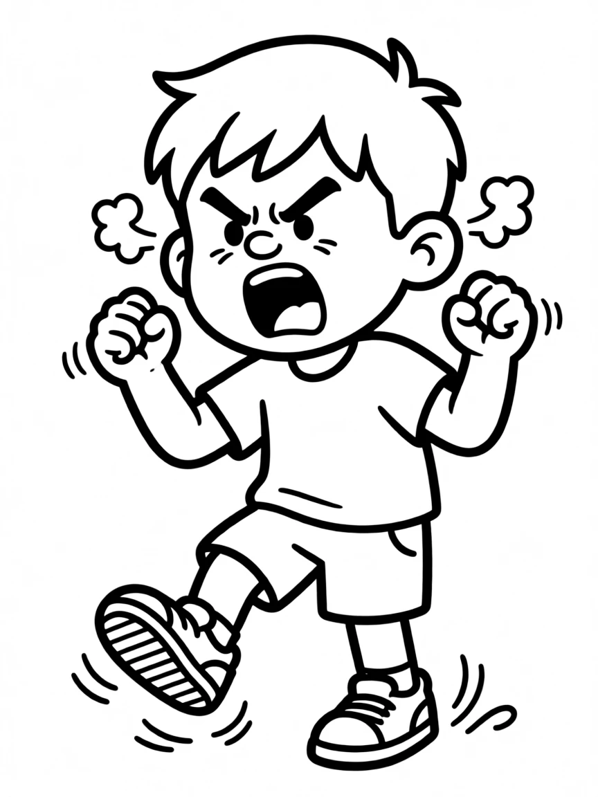 (mad, angry) A cartoon character feeling MAD/angry: furrowed eyebrows, scrunched nose, mouth open in a shout, clenched fists raised, small puffs of steam swirling from the ears, stomping one foot mid-motion.
