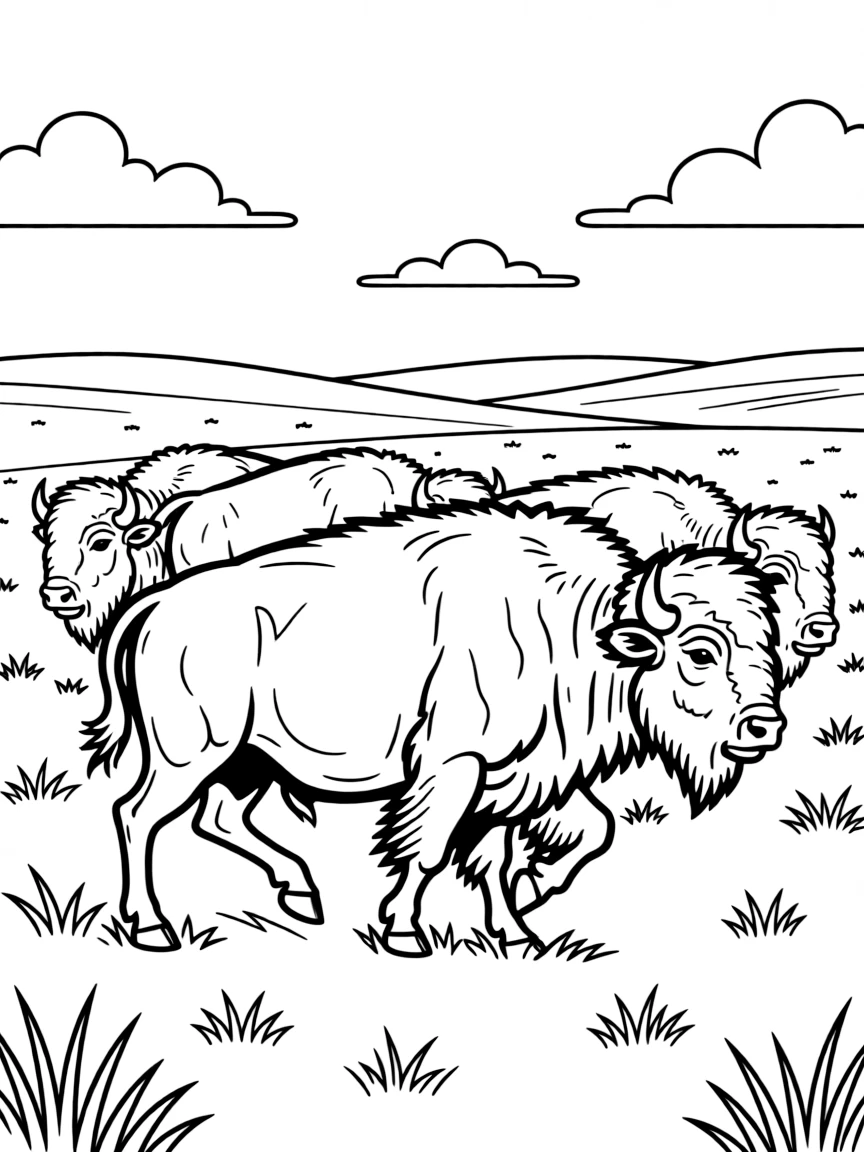 (Kansas) Bison herd running across plains