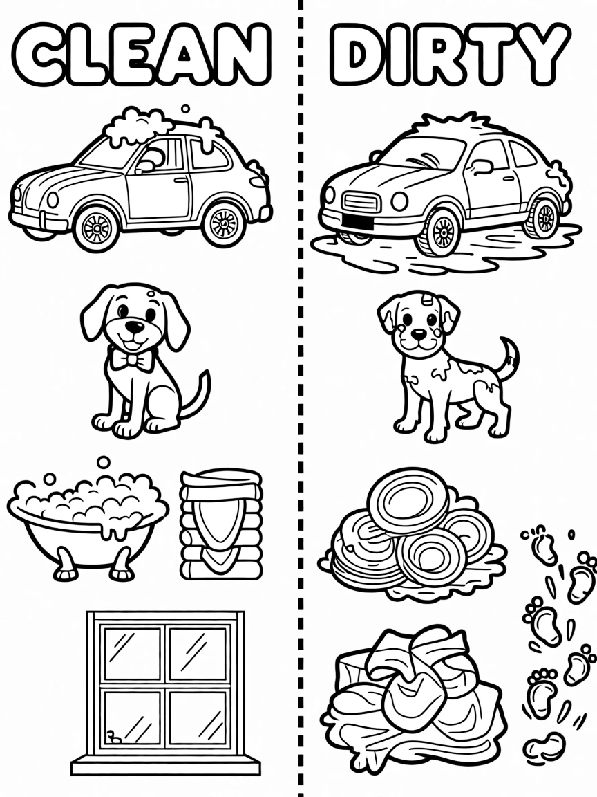 A black-and-white line-art coloring page split down the middle by a bold dashed vertical line. On the left side ("Clean"), draw a sparkling car with soap suds, a freshly washed dog with a bow, a scrubbed bathtub, folded laundry, and a shiny window. On the right side ("Dirty"), draw a muddy car with tire tracks, a puppy covered in mud, a pile of dirty dishes, a heap of laundry, and muddy footprints. Add small labels above each side in bubble-letter style: "CLEAN" over the left, "DIRTY" over the right.