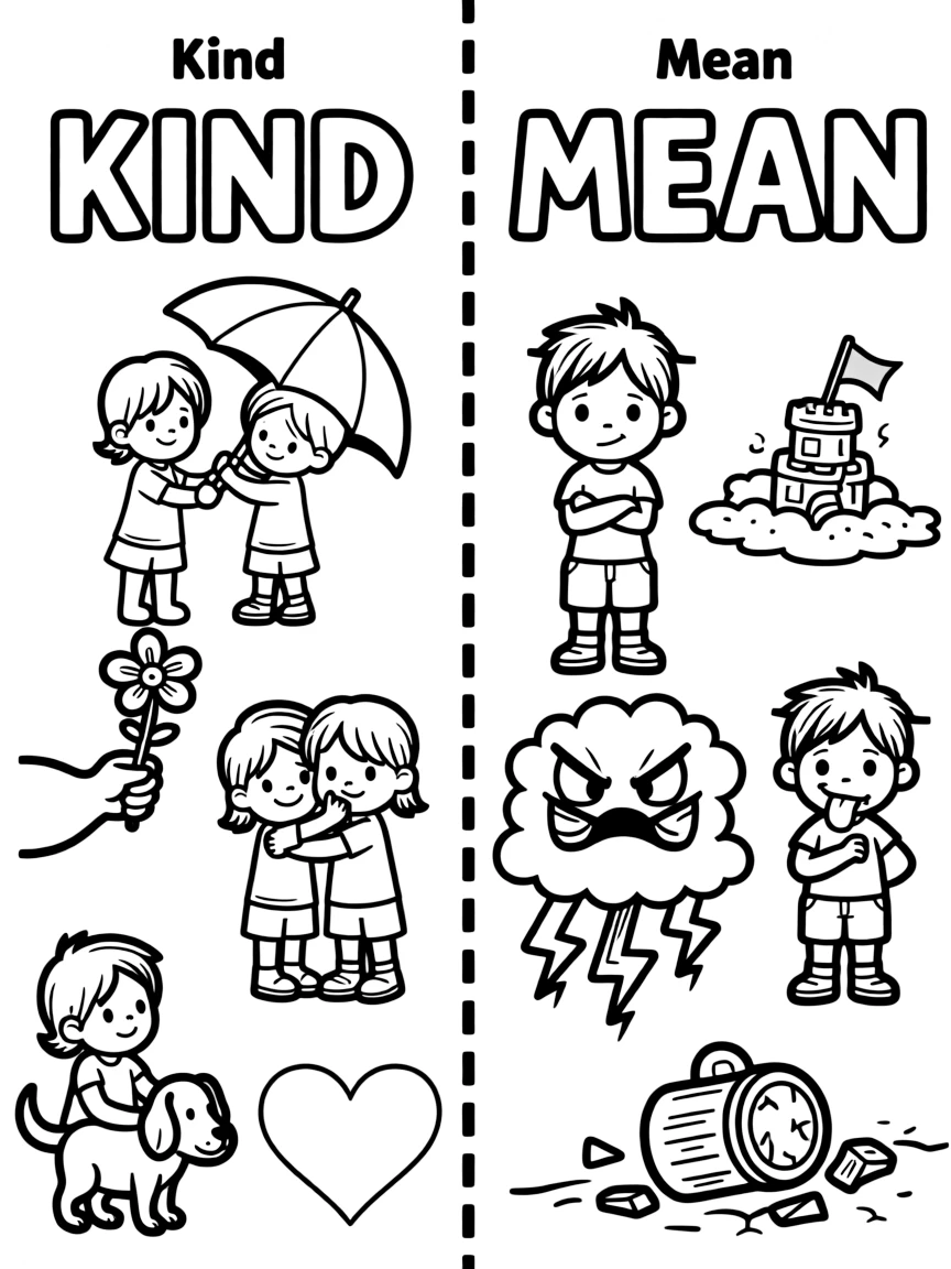 A black-and-white line-art coloring page split down the middle by a bold dashed vertical line. On the left side ("Kind"), draw a child sharing an umbrella with a friend, a hand holding out a flower, two kids hugging, a child petting a gentle dog, and a heart shape. On the right side ("Mean"), draw a child with arms crossed and a frown, a knocked-over sandcastle, a child sticking out their tongue, a growling storm cloud, and a broken toy. Add small labels above each side in bubble-letter style: "KIND" over the left, "MEAN" over the right.