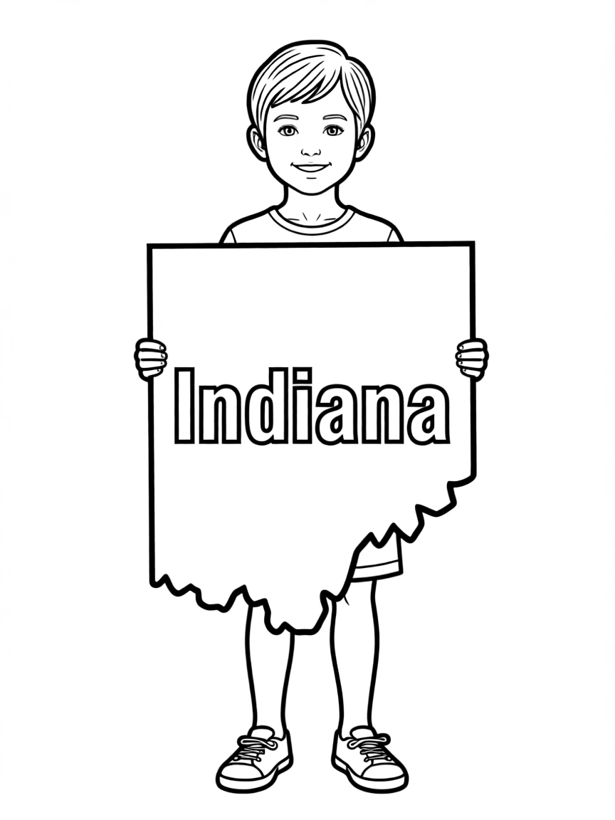 (Indiana) A child holding an Indiana state outline sign