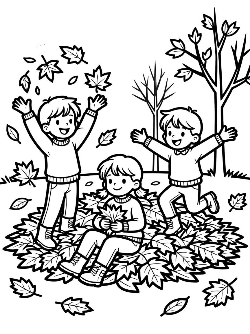 (Indiana) Children playing in a pile of autumn leaves
