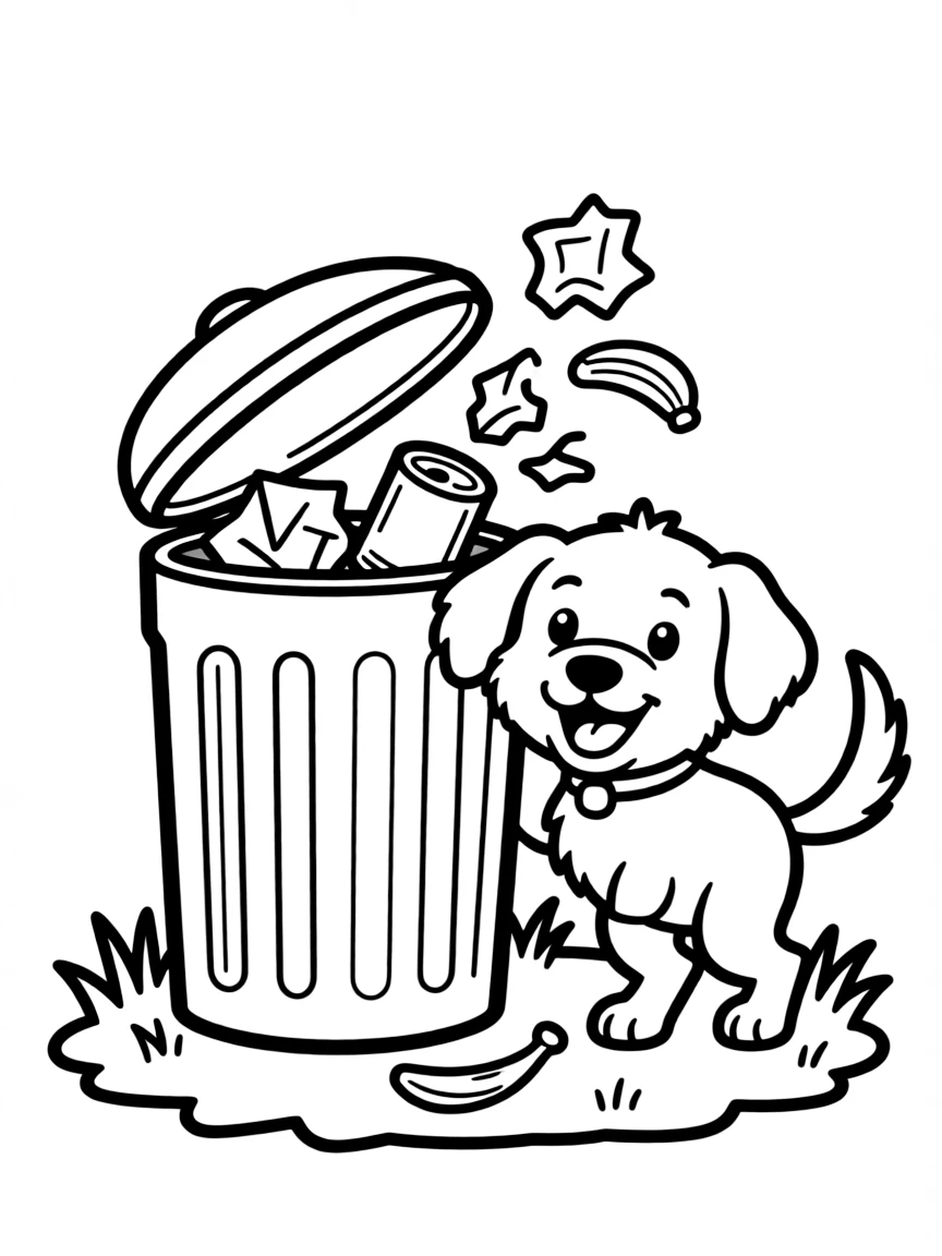 (naughty) A puppy tipping over a trash can with garbage spilling out.