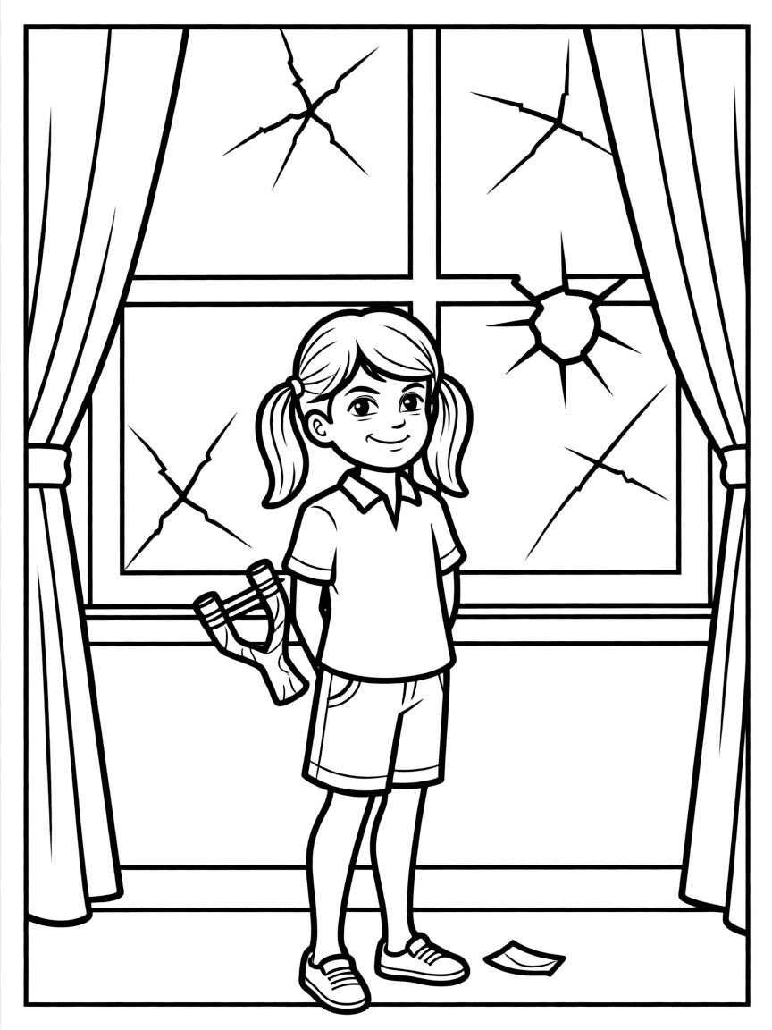 (naughty) A girl hiding a slingshot behind her back after breaking a window.
