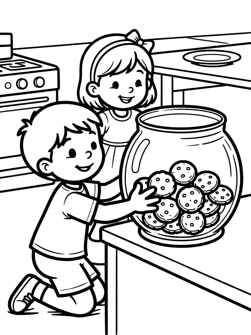 (naughty) Two kids sneaking cookies from a cookie jar before dinner.
