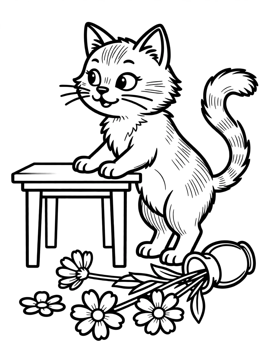 (naughty) A cat knocking over a flower vase while pretending it didn’t do it.