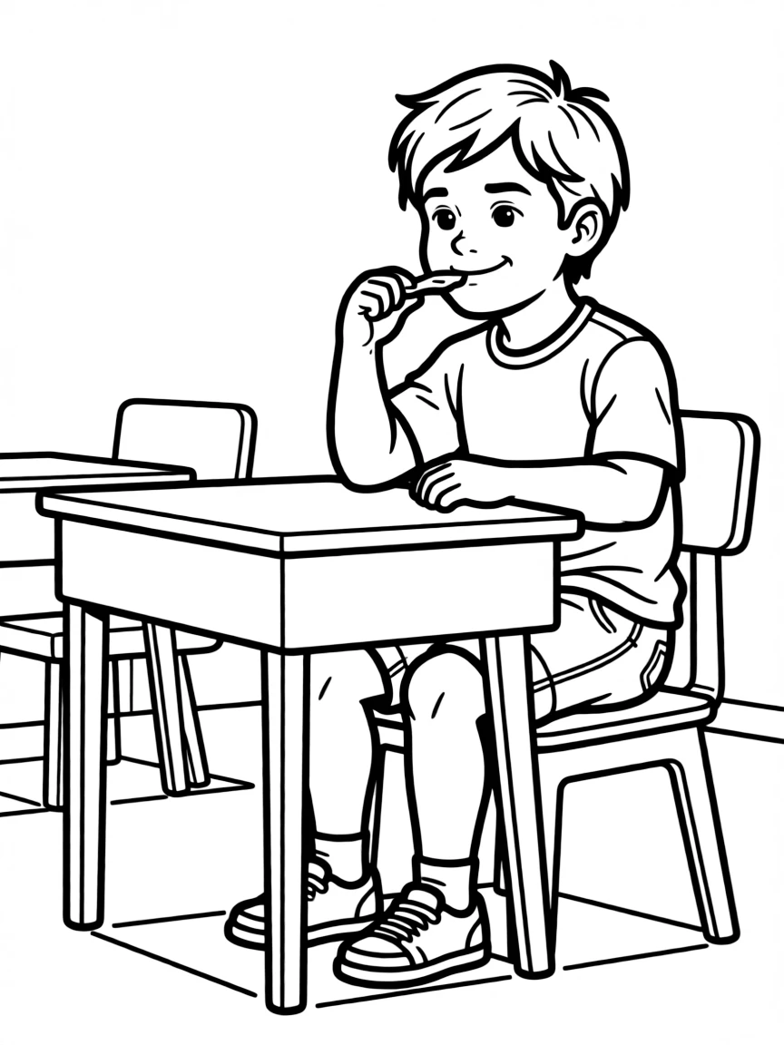 (naughty) A child sticking chewing gum under a school desk with a guilty smile.