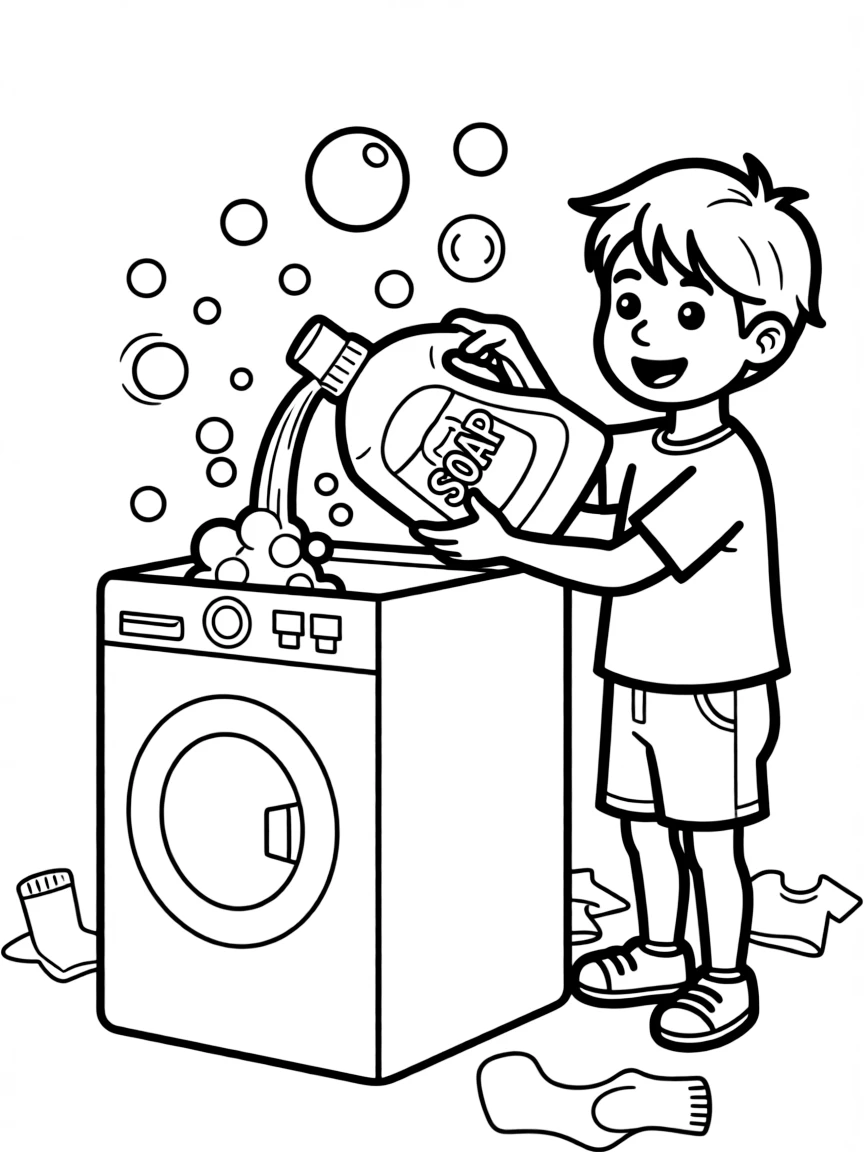(naughty) A boy pouring too much soap into the washing machine, causing bubbles to overflow.