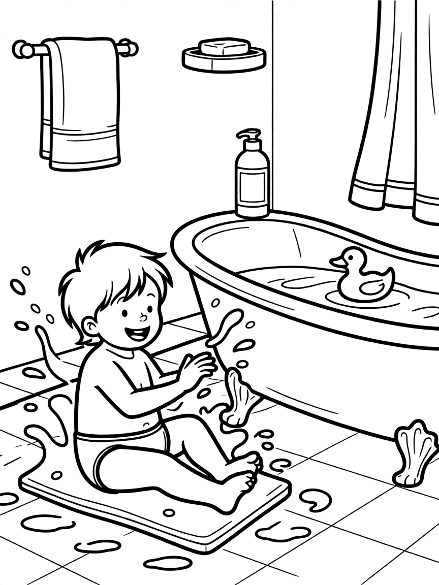 (naughty) A toddler splashing water all over the bathroom while pretending to take a bath.