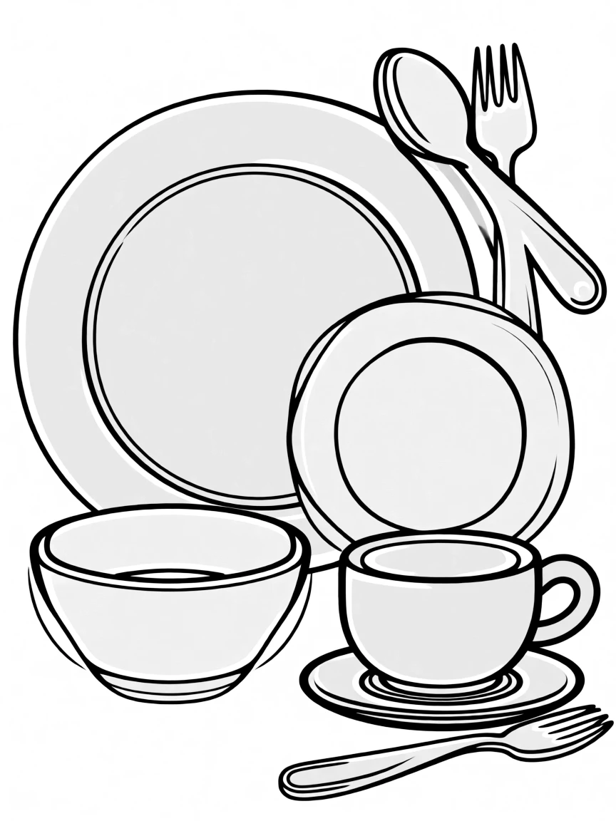 line drawing of a set of dinnerware