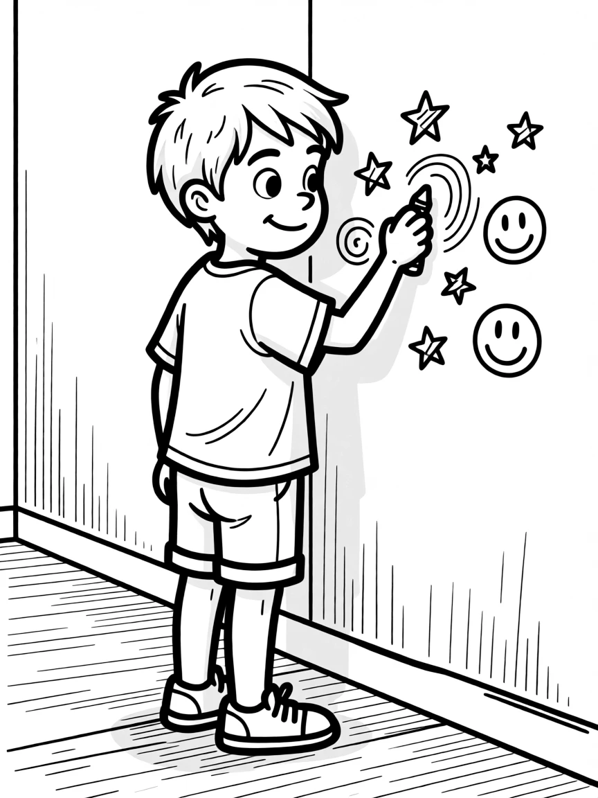 (naughty) A boy secretly drawing on the wall with crayons while looking mischievous.