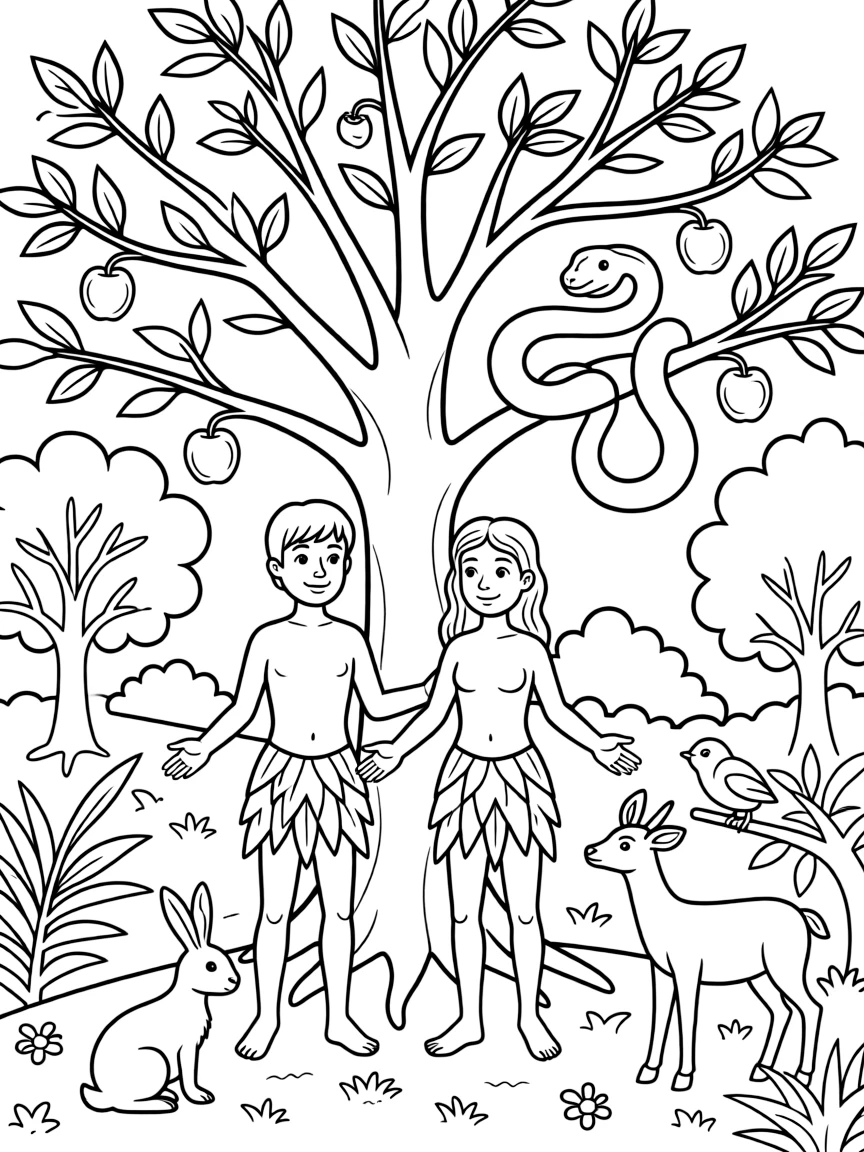line drawing of the painting The Garden of Eden with the Fall of Man