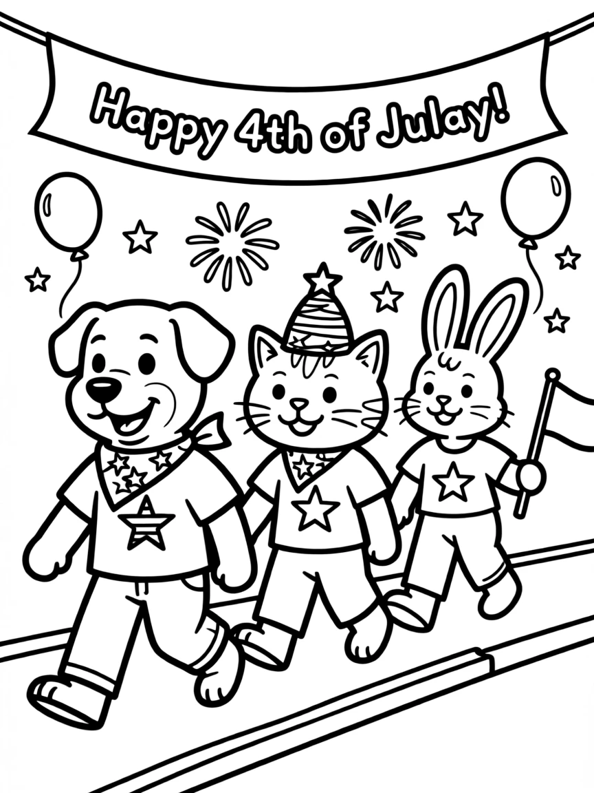 A group of patriotic animals having a Fourth of July parade