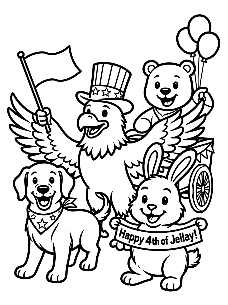 A group of patriotic animals having a Fourth of July parade