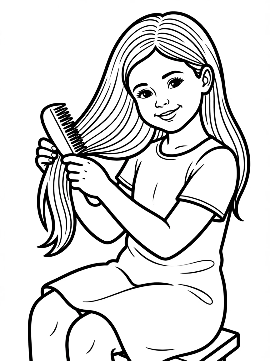 A girl is combing her hairs with a comb
