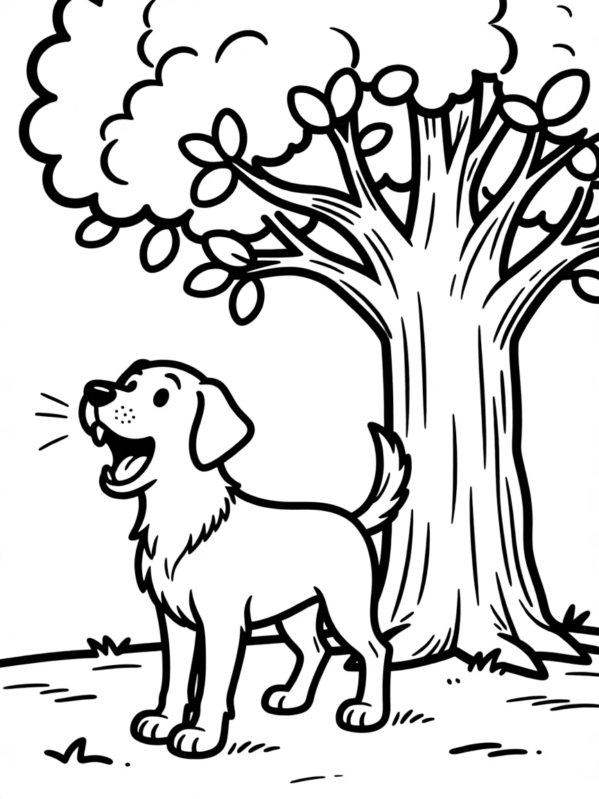 A dog is barking under a tree.