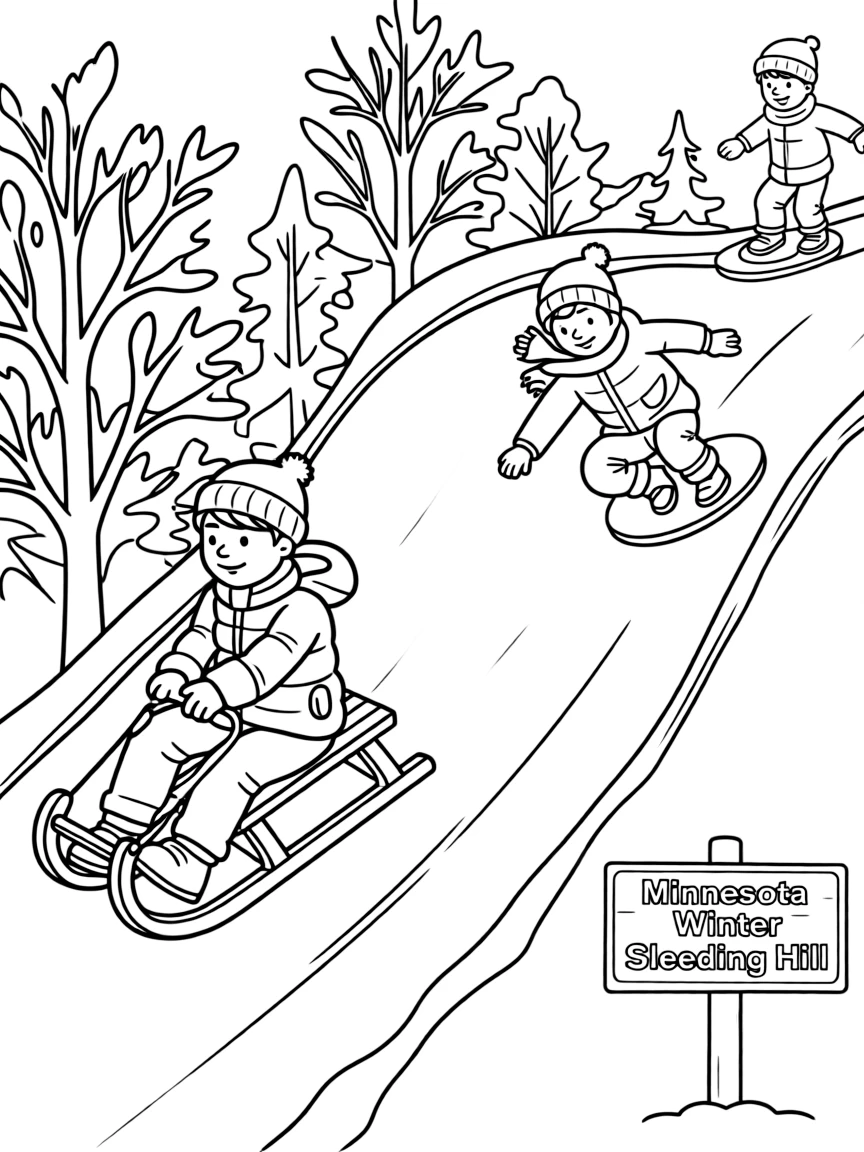(Minnesota) A winter sledding hill with children