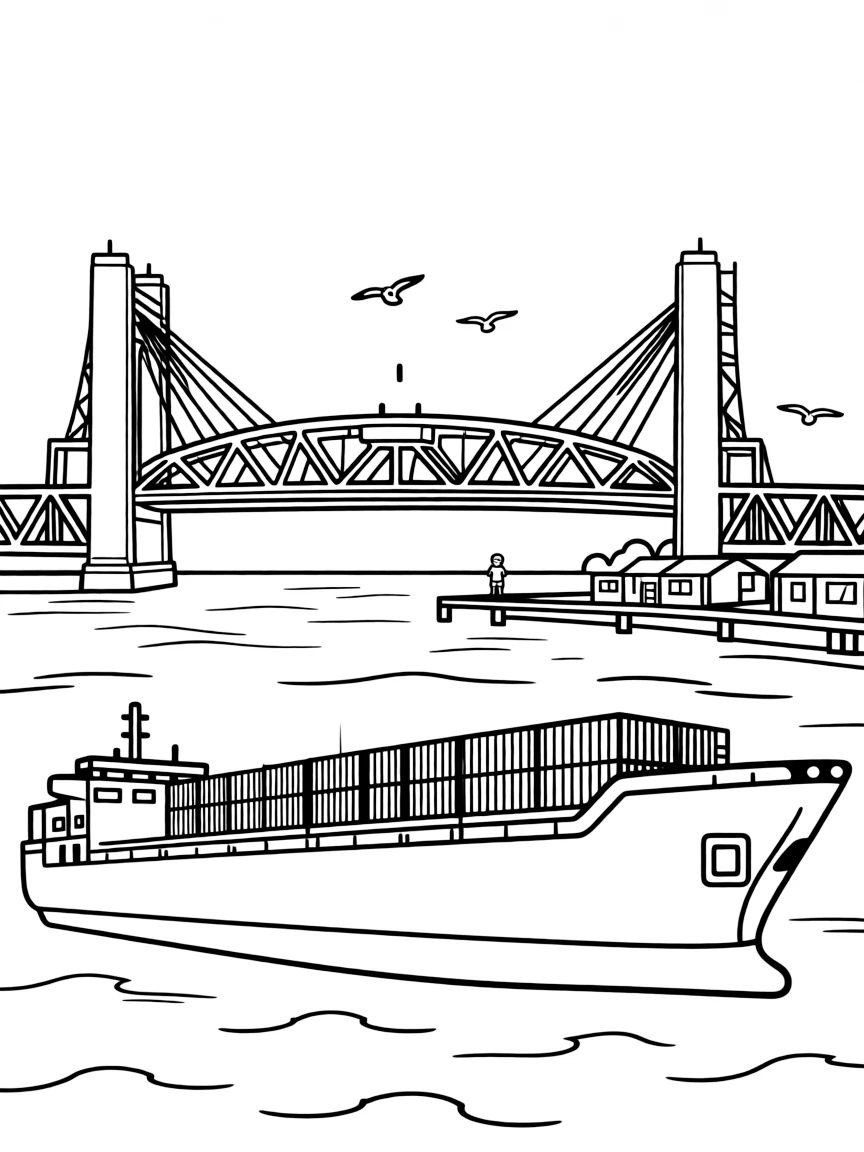 (Minnesota) Duluth harbor with a ship and lift bridge