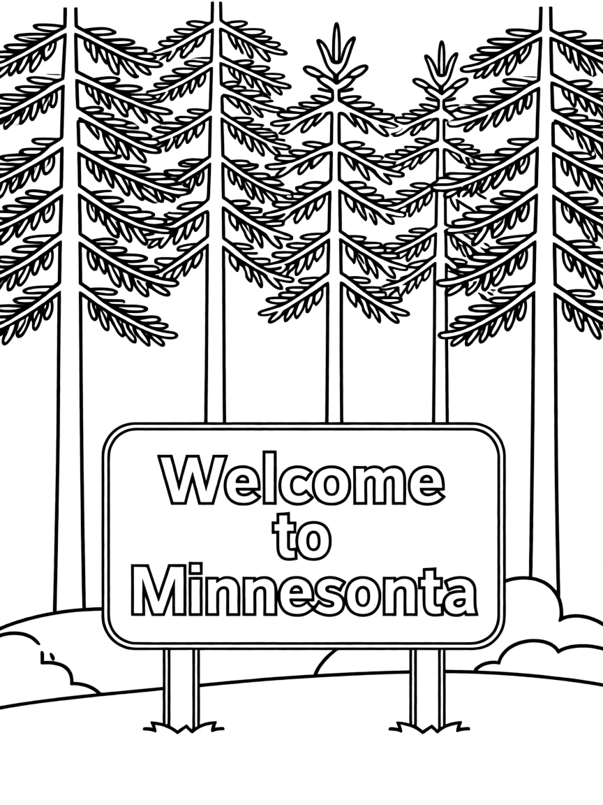(Minnesota) Pine trees with a “Welcome to Minnesota” sign