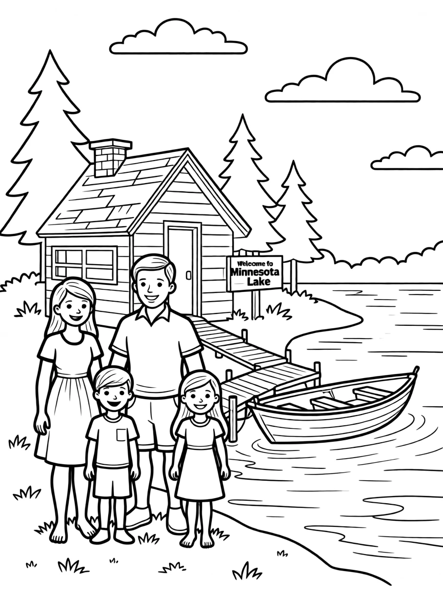 (Minnesota) Family at a lakeside cabin