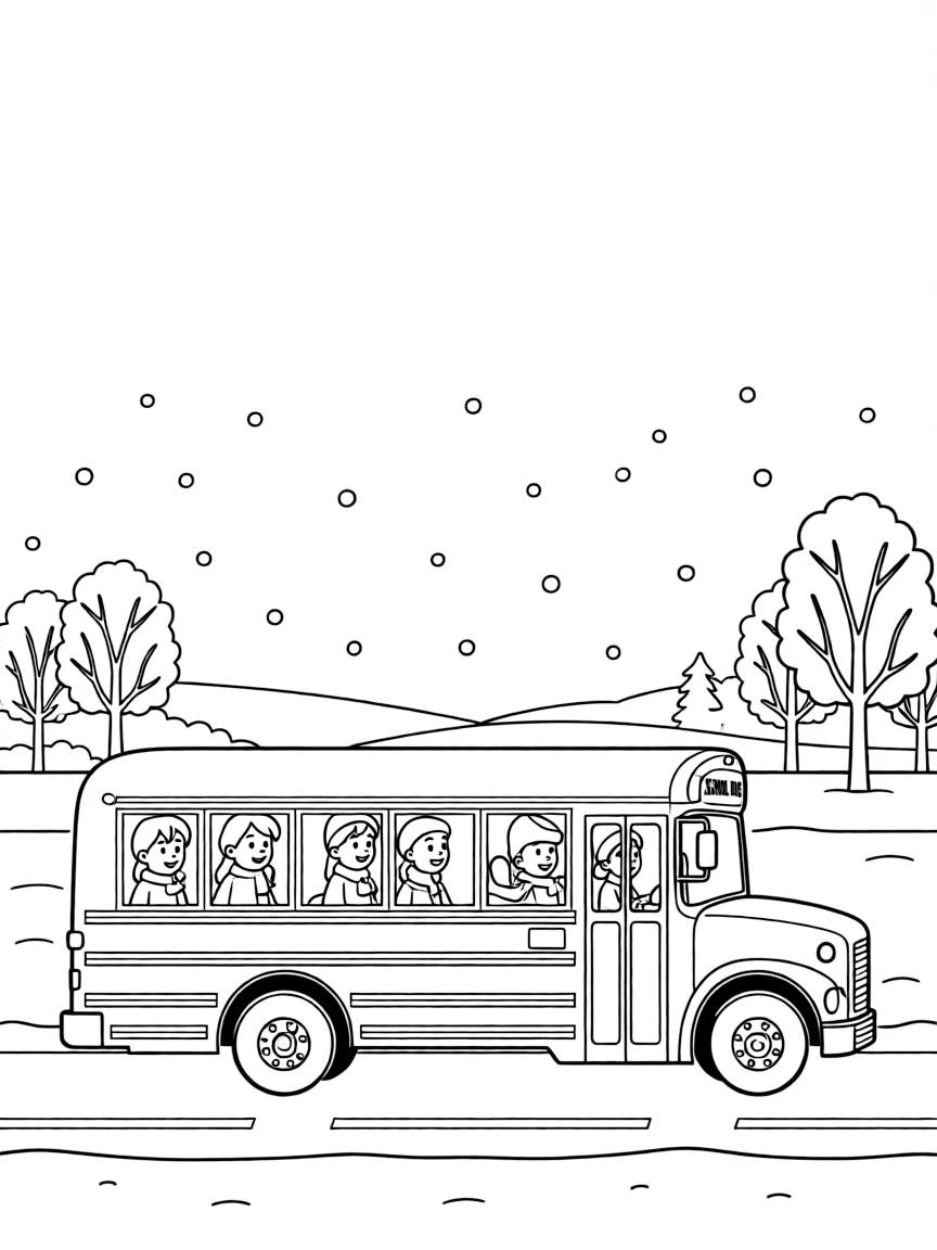 (Minnesota) Children in a school bus with snowy background
