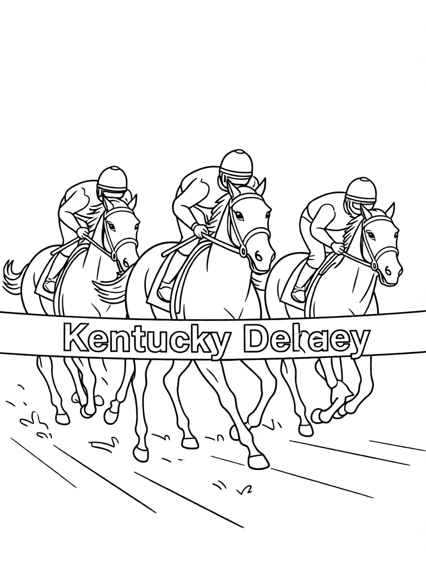 (Kentucky) Kentucky Derby horse race with jockeys and horses jumping over the finish line