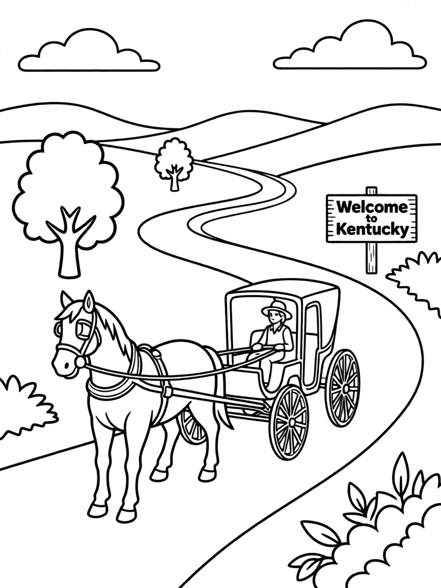 (Kentucky) Horse and buggy on country road through Kentucky hills