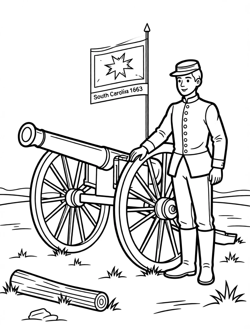 (South Carolina) Civil War soldier and cannon at battlefield