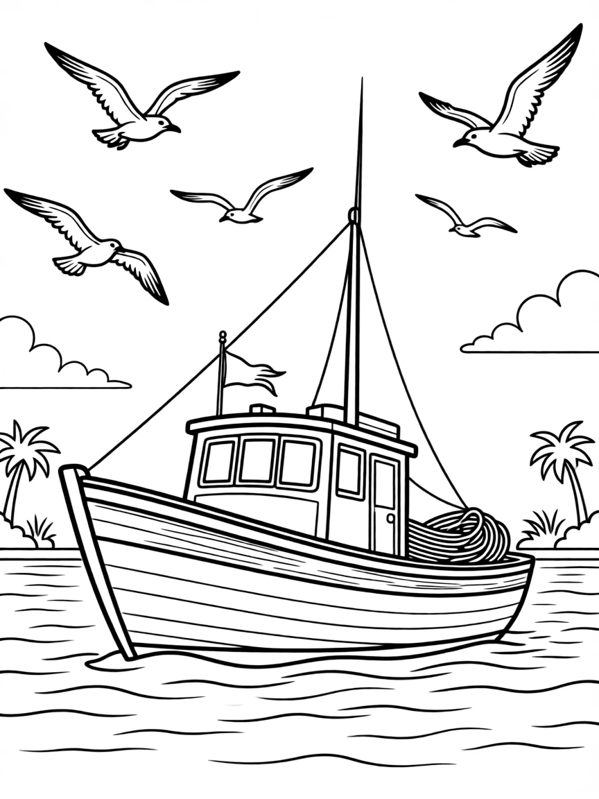 (South Carolina) A shrimp boat with seagulls flying overhead