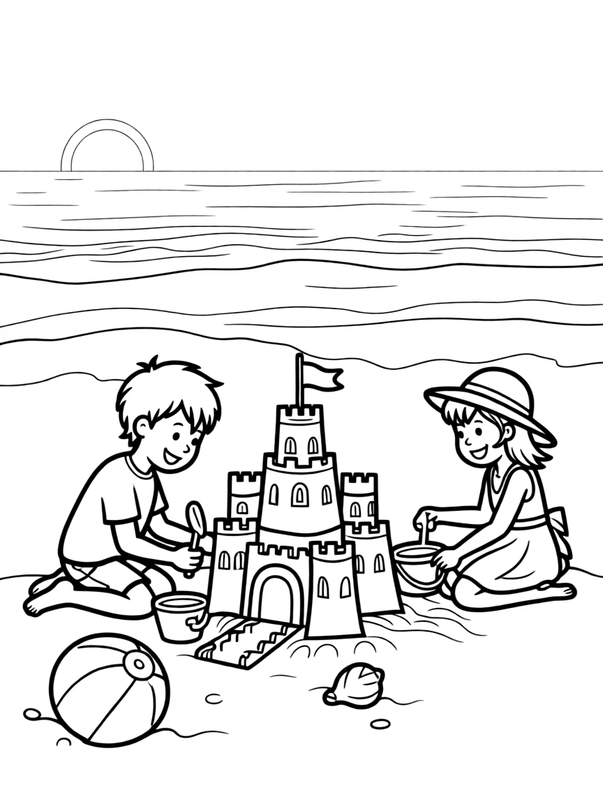 (South Carolina) Children building a sandcastle at the beach