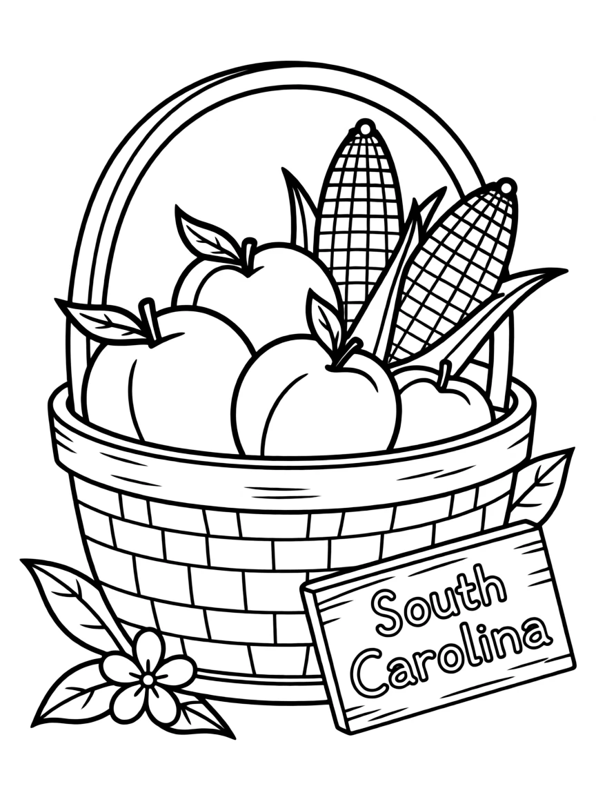 (South Carolina) Basket of peaches and corn
