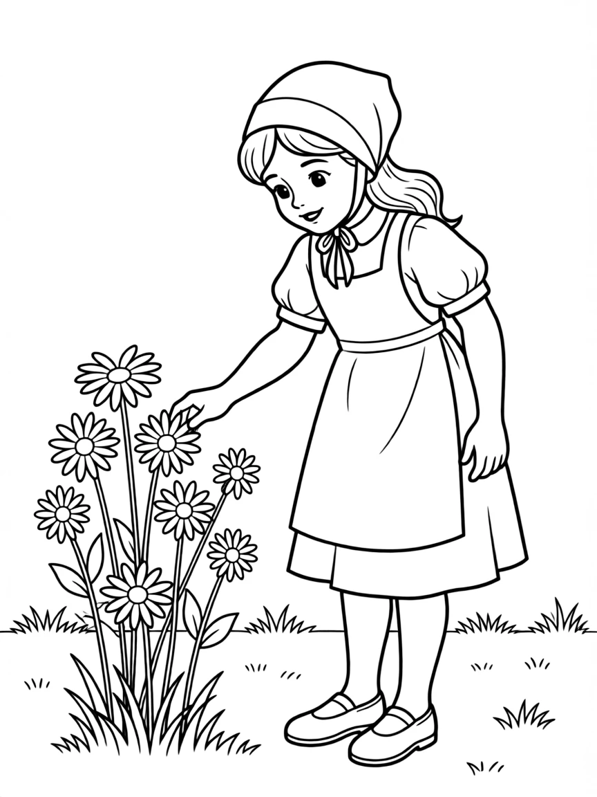 (South Carolina) A girl wearing a bonnet and apron picking flowers
