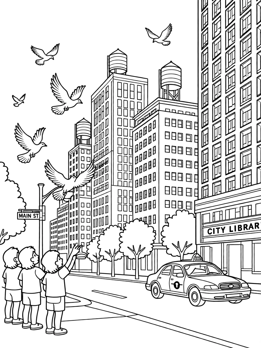 (New York) Pigeons flying over the city