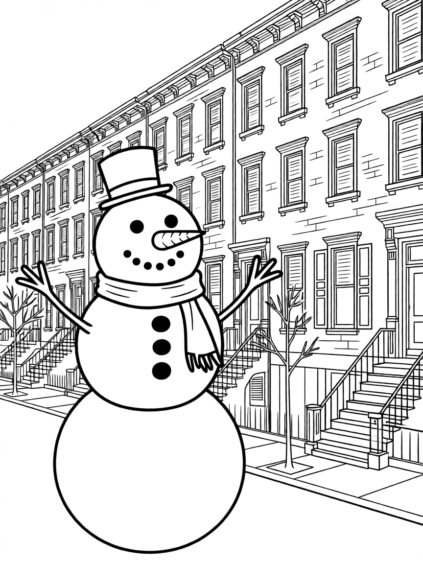(New York) Snowman in front of brownstone homes