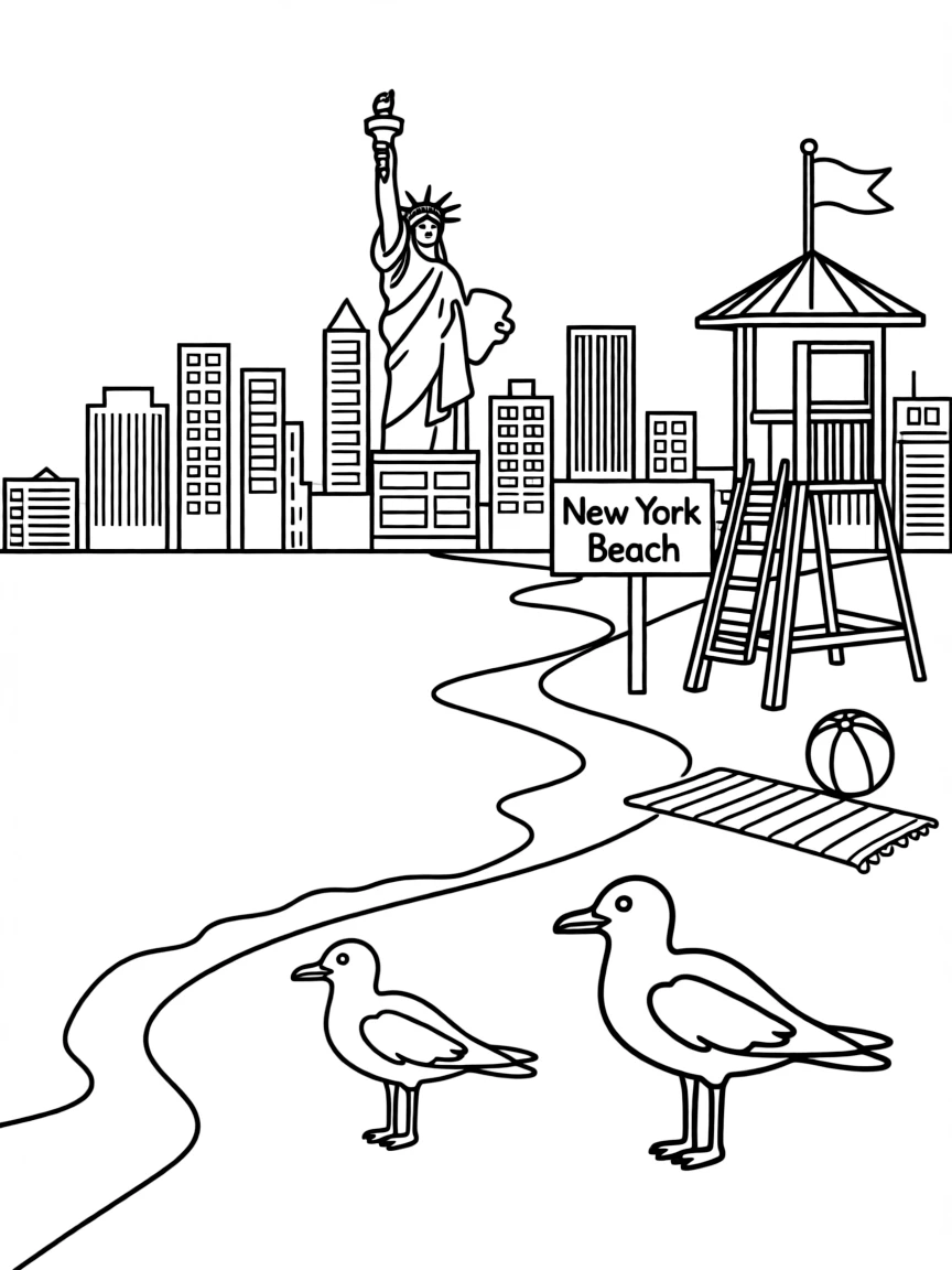 (New York) Seagulls at a New York beach