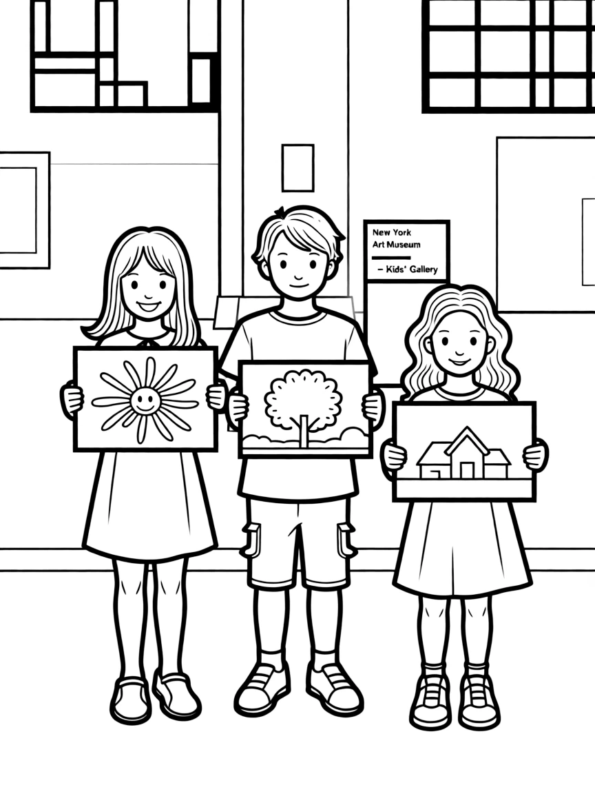 (New York) Art museum with kids holding drawings