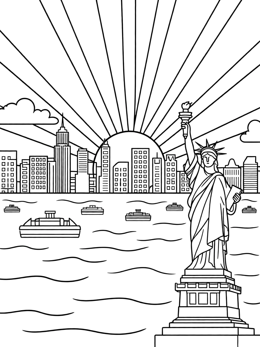 (New York) Sunrise over the New York harbor