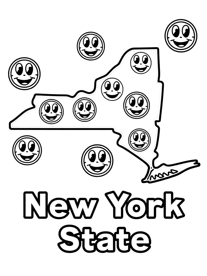 (New York) New York state map with smiley icons