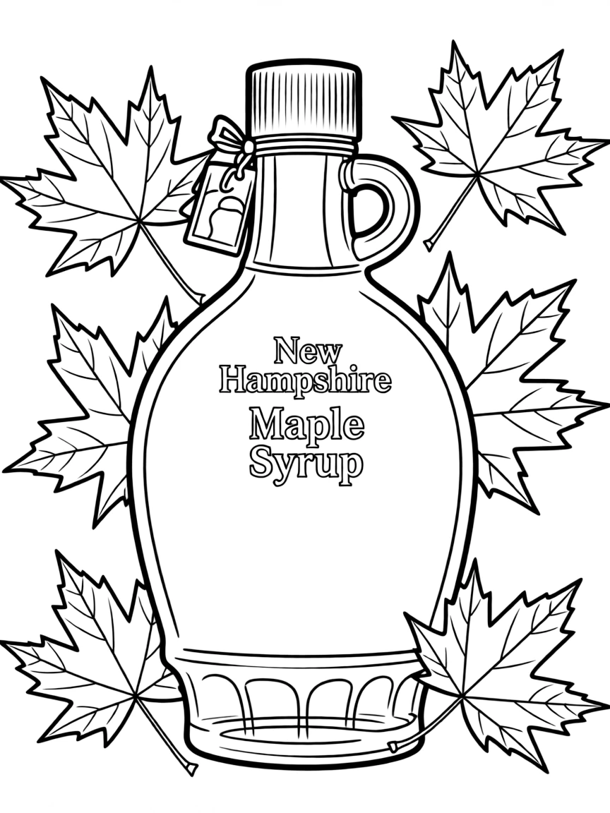 (New Hampshire) A maple syrup bottle and maple leaves