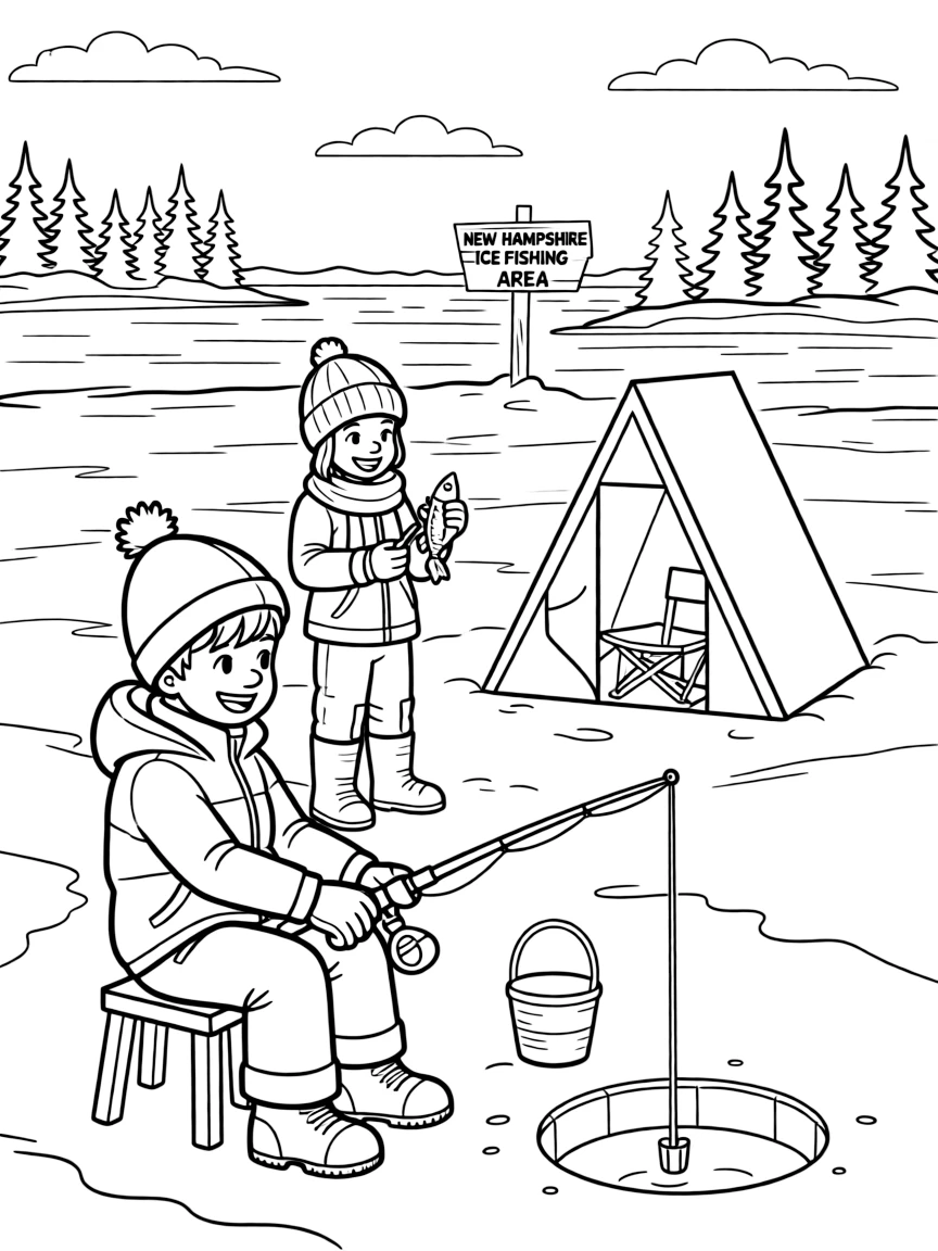 (New Hampshire) Ice fishing on a frozen lake
