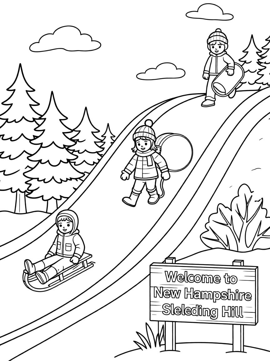 (New Hampshire) A sledding hill with kids and sleds