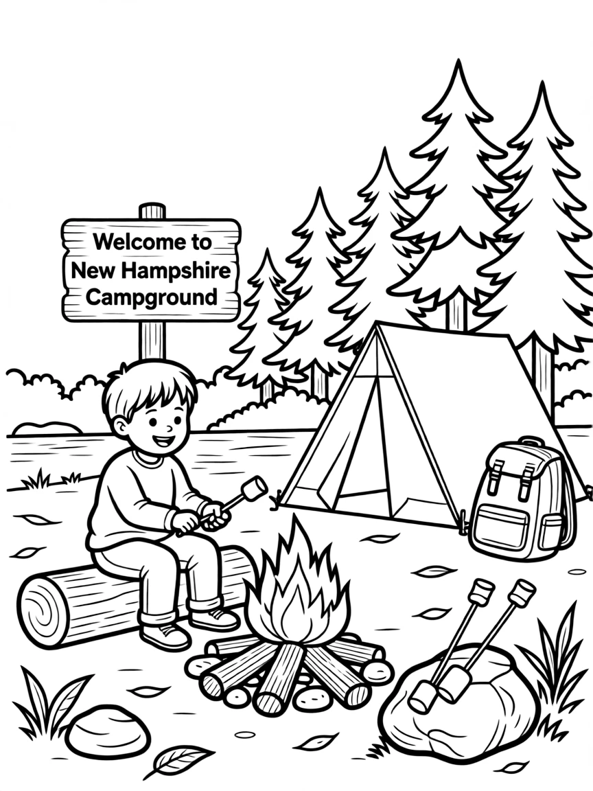 (New Hampshire) A child roasting marshmallows at a New Hampshire campground