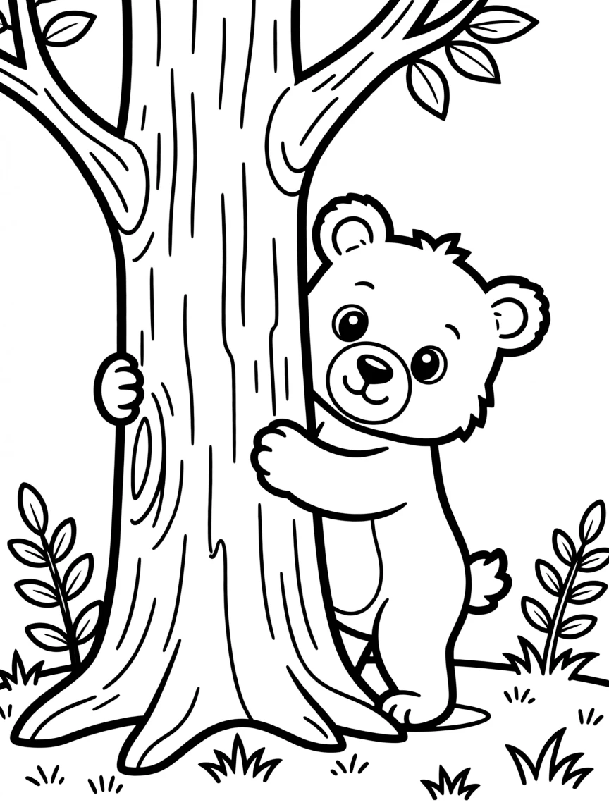 (New Hampshire) A bear cub peeking from behind a tree