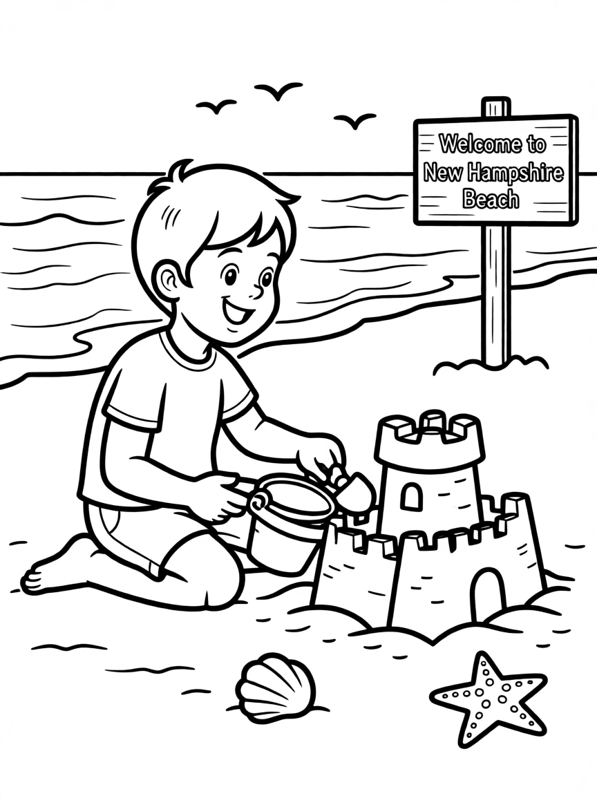 (New Hampshire) A child building a sandcastle on the New Hampshire beach
