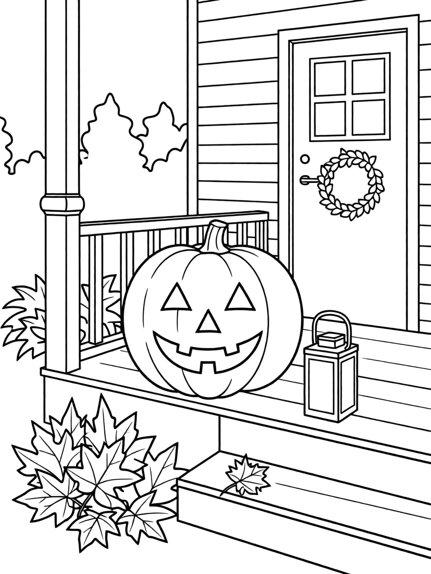 (New Hampshire) A jack-o'-lantern on a New Hampshire porch
